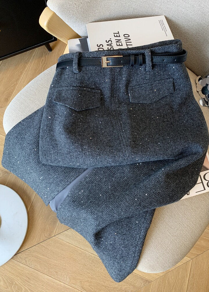 Sequin Tweed Belted Midi Skirt　R172