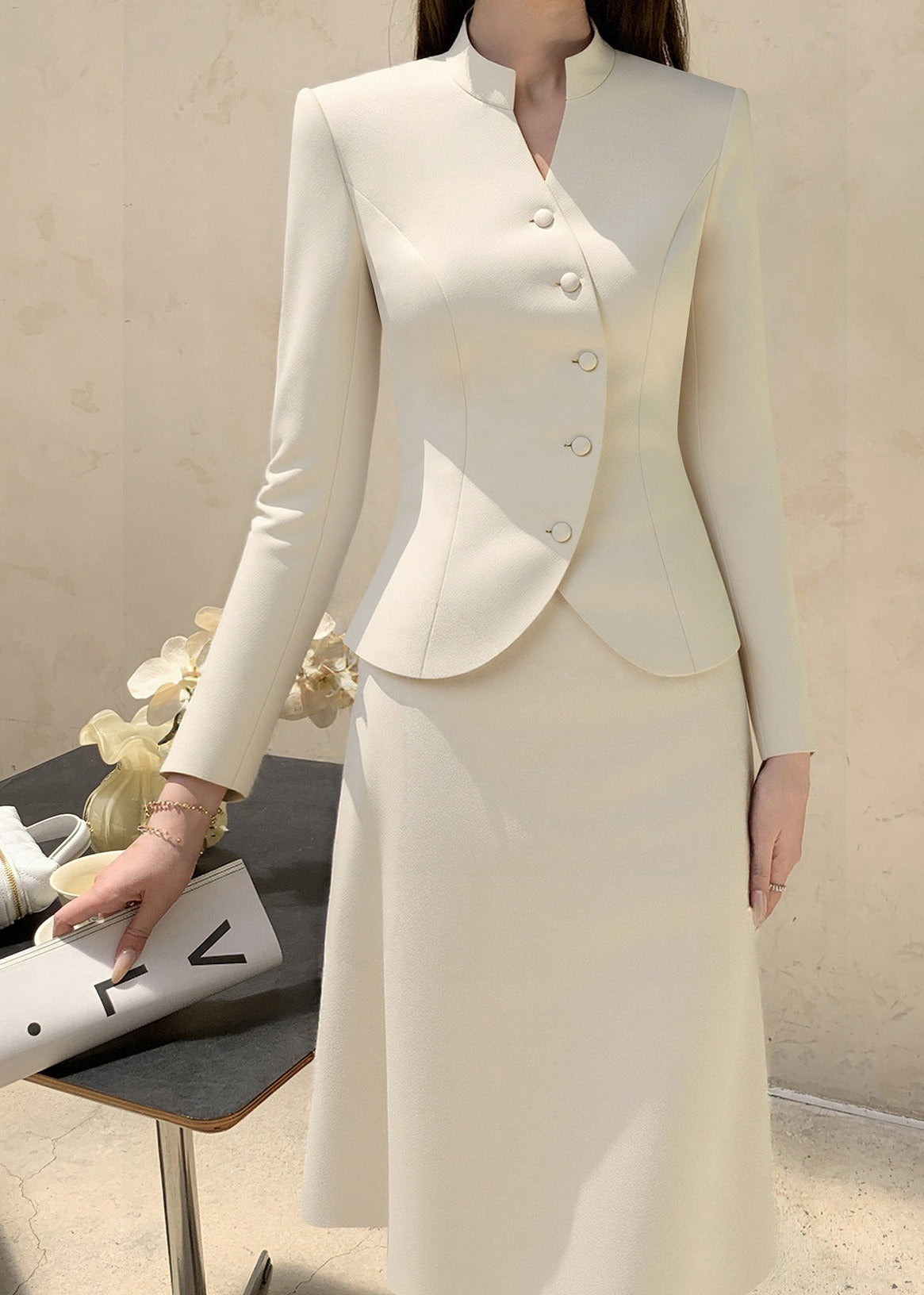 Stand Collar Long Sleeve Blazer & A-Line Skirt Set 　R115