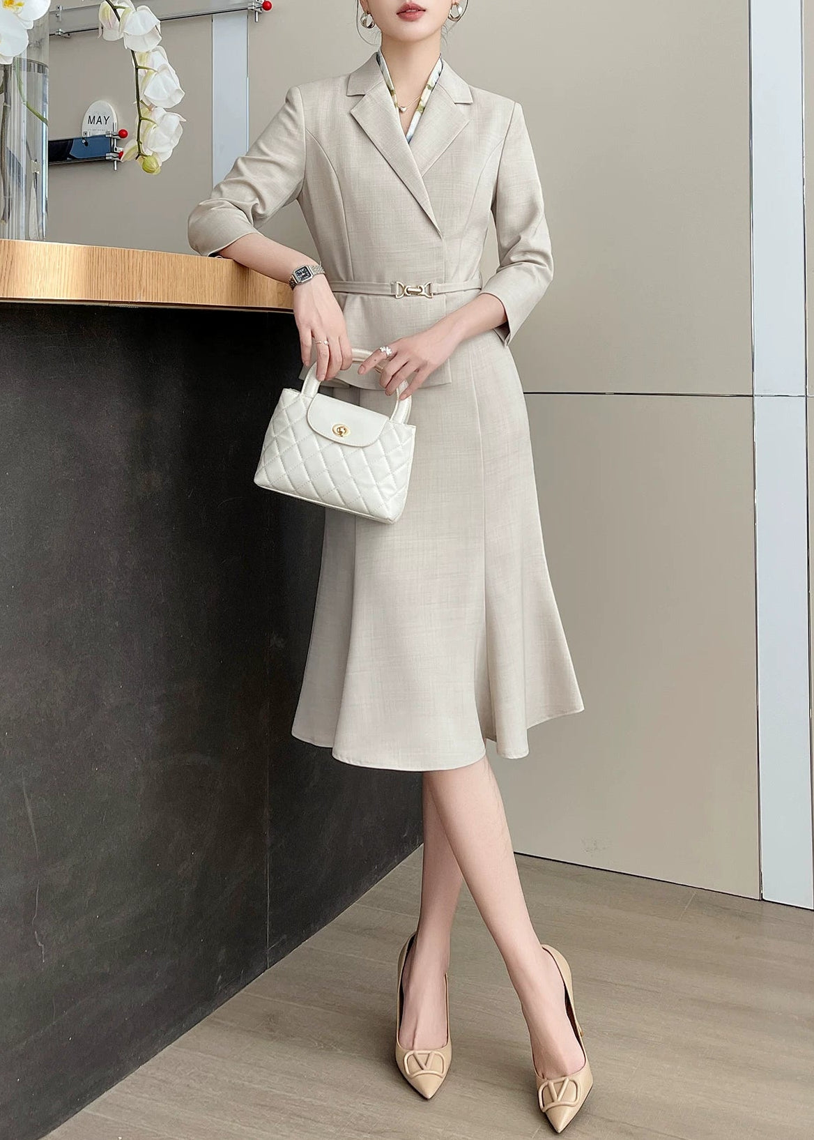 Tailored Belted Flare Midi Dress　R92