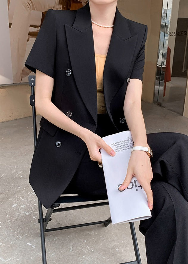 Double-Breasted Short Sleeve Blazer & Wide-Leg Pants Set　R118