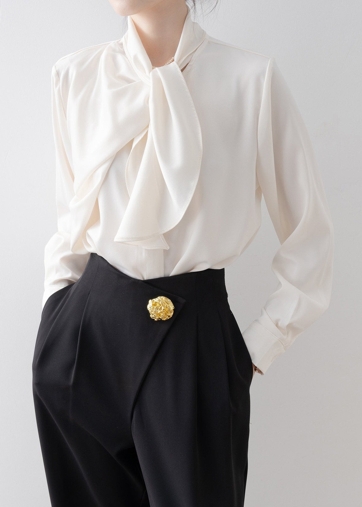 Asymmetric Draped Tie-Neck Blouse　R243