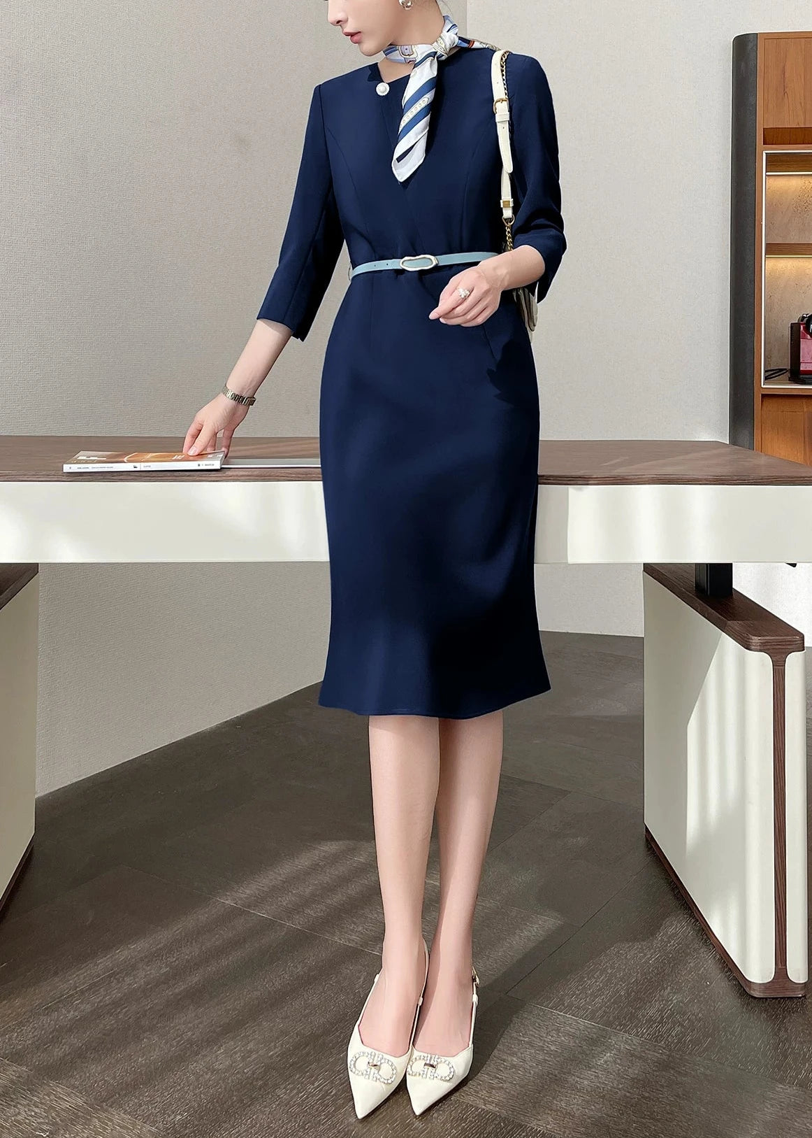 Asymmetry Pearl Accent Midi Dress　R91