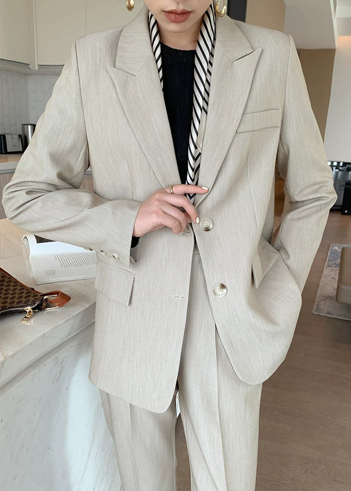 Beige Tailored Jacket & Cropped Straight Pants Suit Set　R103