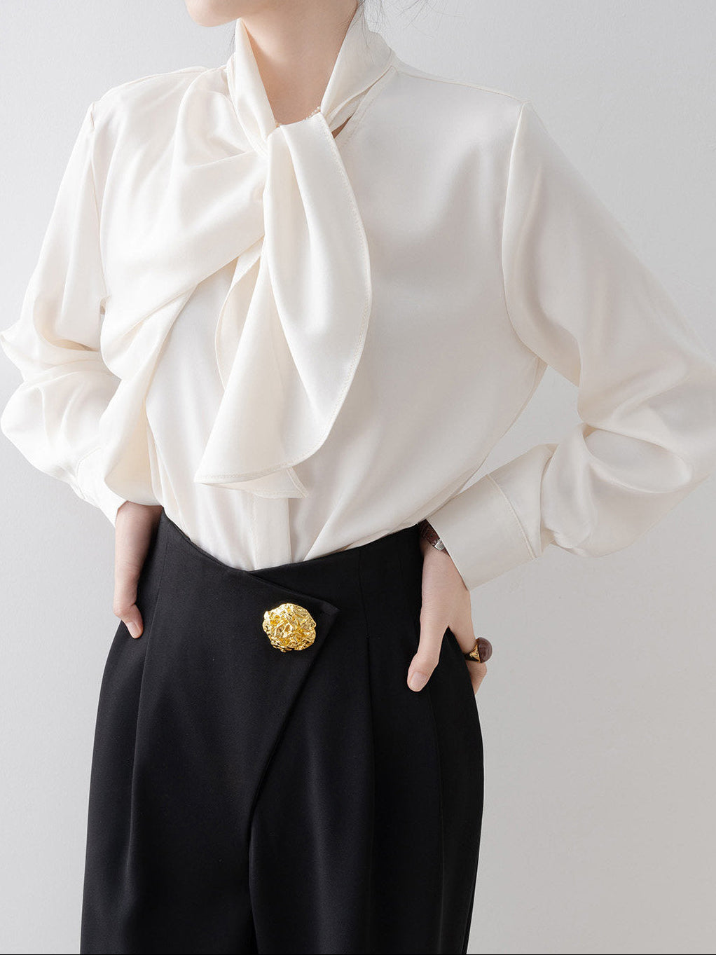 Asymmetric Draped Tie-Neck Blouse　R243