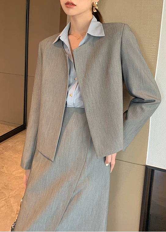 Collarless Jacket & Slit Midi Skirt Suit Set　R102