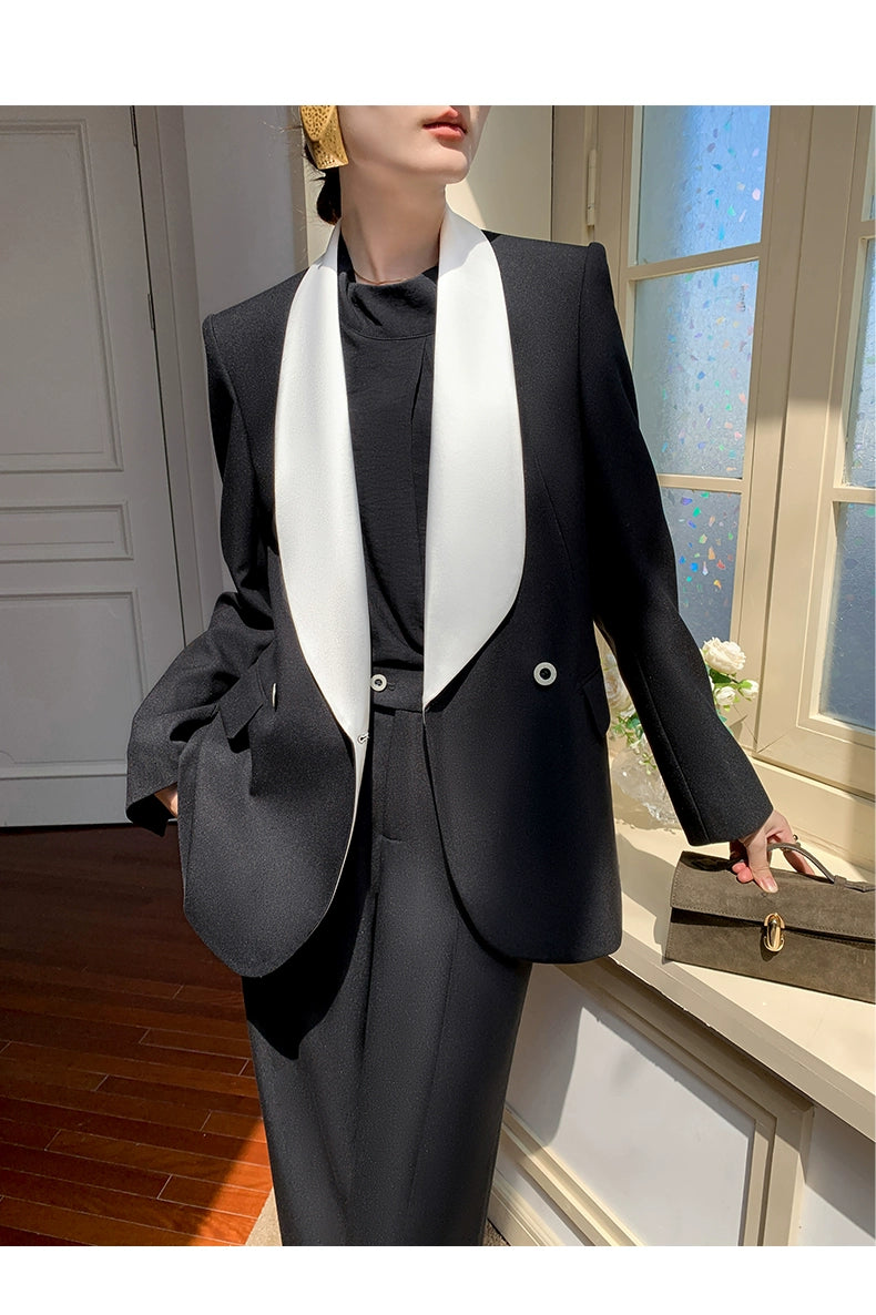 Contrast Shawl Collar Tailored Set-Up　R42