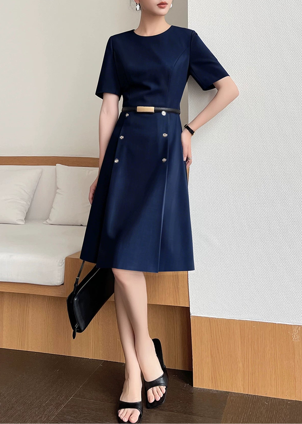 Belted Fit & Flare Midi Dress　R136