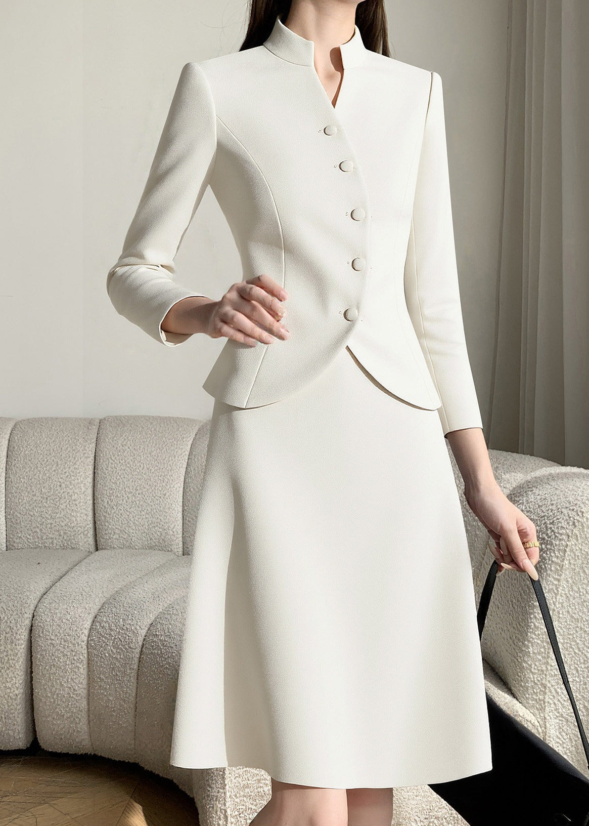 Stand Collar Long Sleeve Blazer & A-Line Skirt Set 　R115