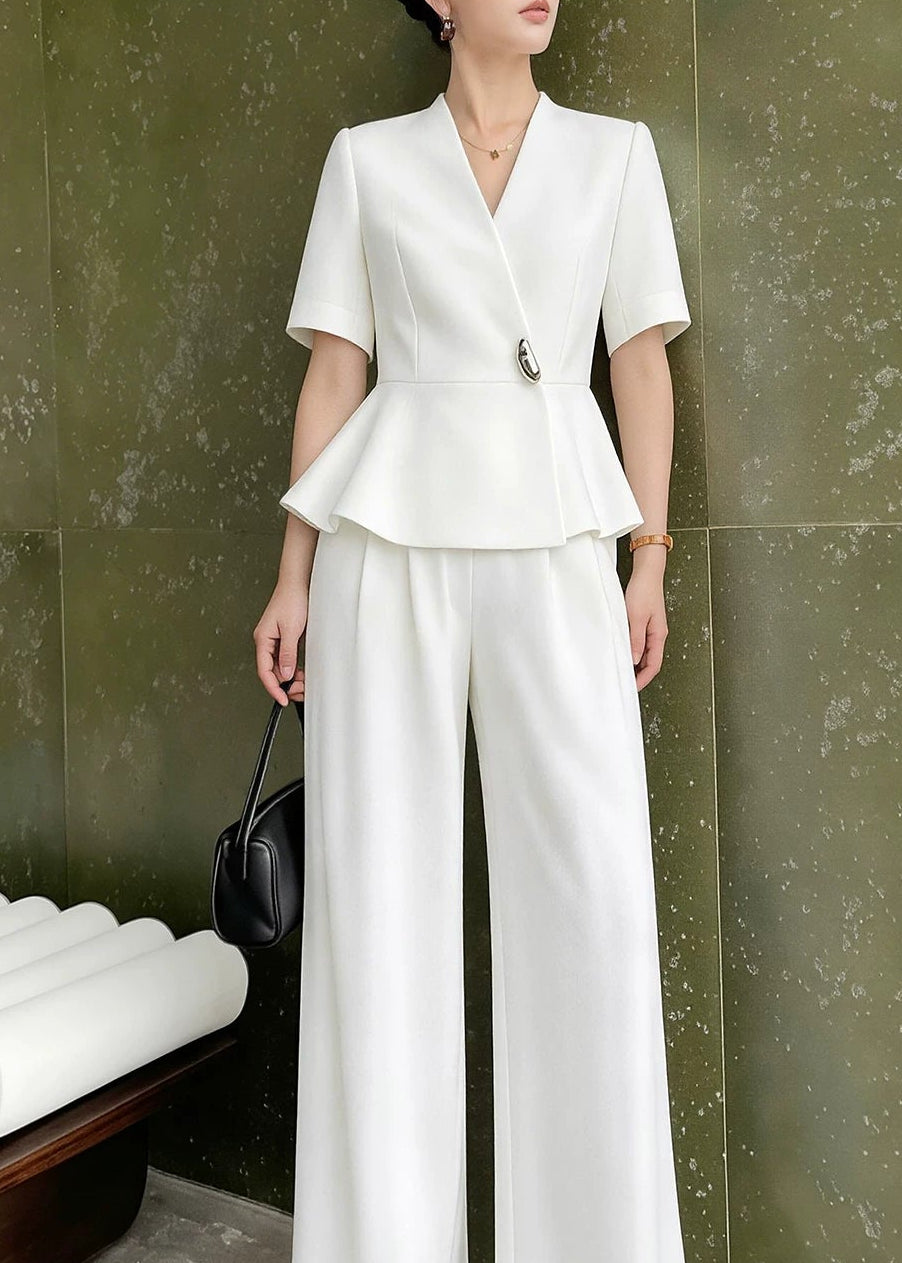 Peplum Wrap Top & Wide-Leg Pants Set　R135