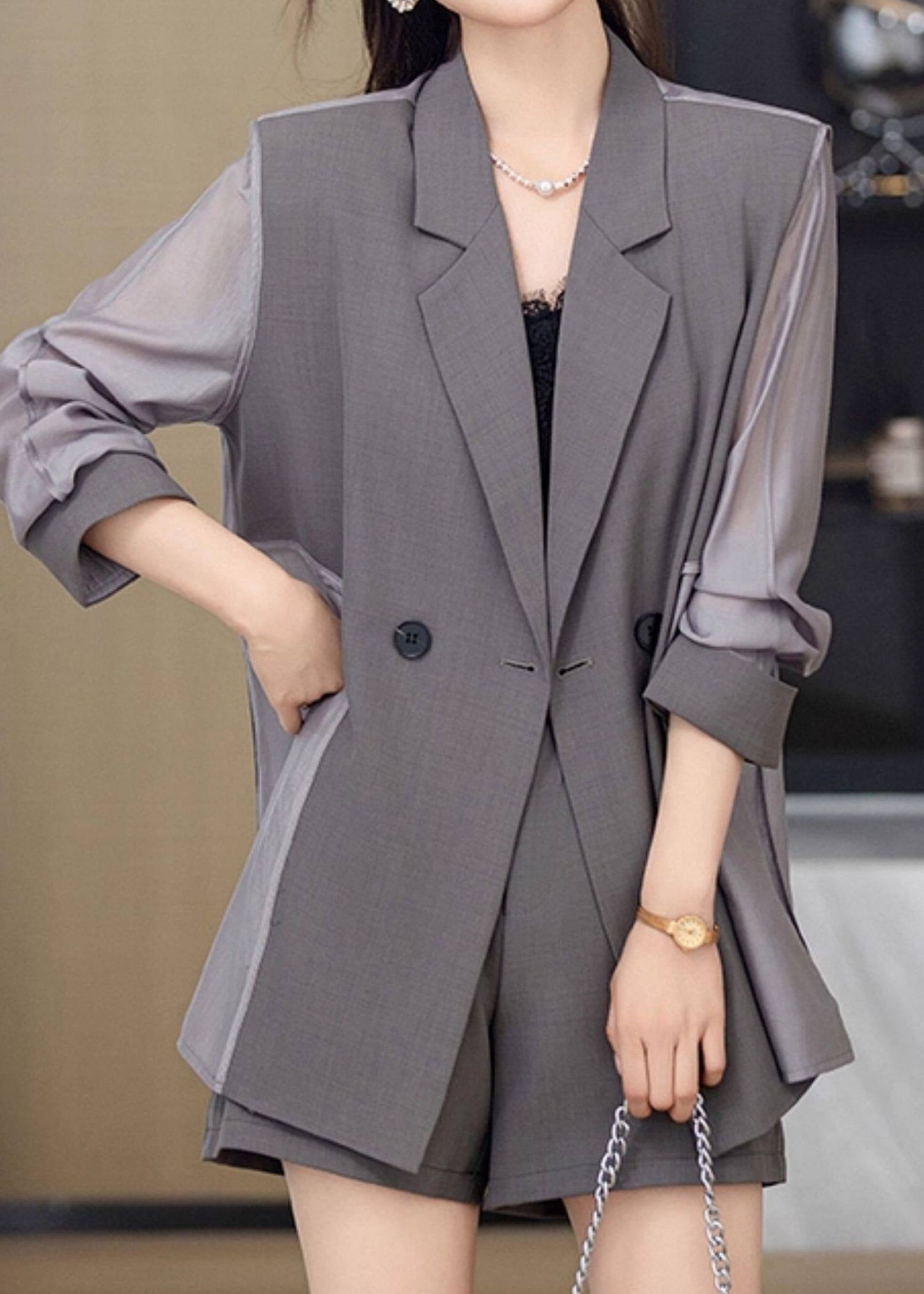 Sheer Sleeve Double-Breasted Blazer　R125