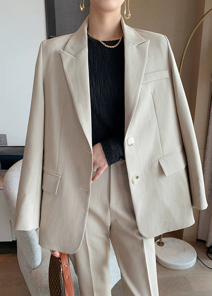Beige Tailored Jacket & Cropped Straight Pants Suit Set　R103