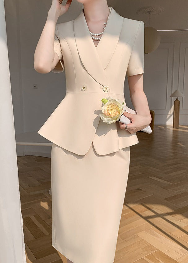 Short Sleeve V-Neck Blazer & Pencil Skirt Set　R114