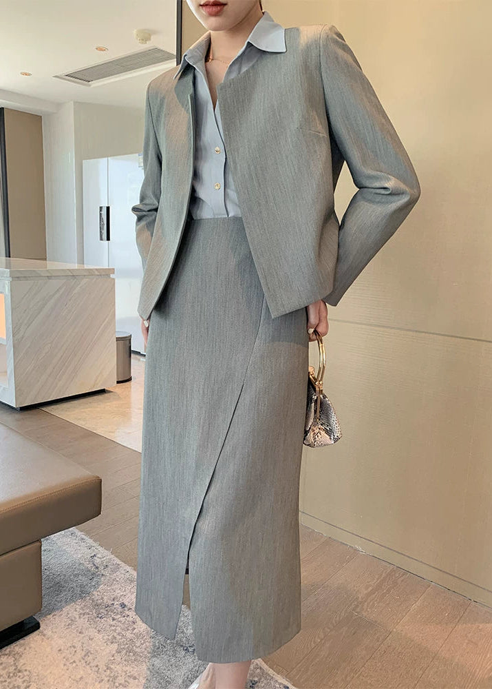 Collarless Jacket & Slit Midi Skirt Suit Set　R102