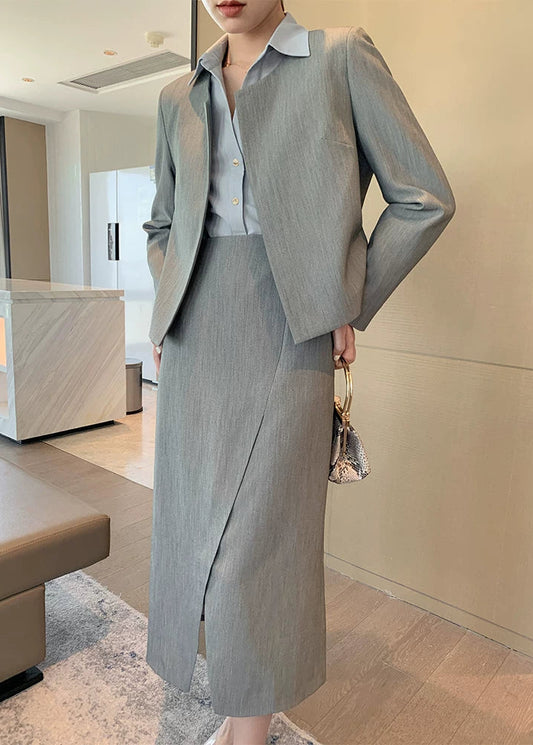 Collarless Jacket & Slit Midi Skirt Suit Set　R102
