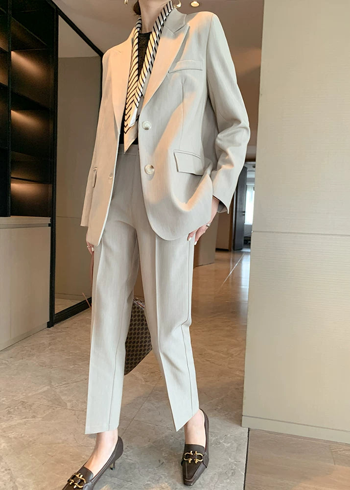 Beige Tailored Jacket & Cropped Straight Pants Suit Set　R103