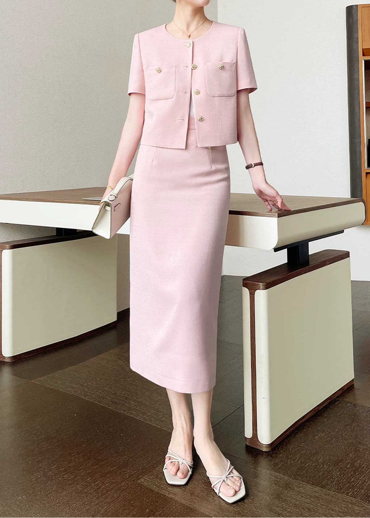 Textured Cropped Jacket & Midi Skirt Set　R137