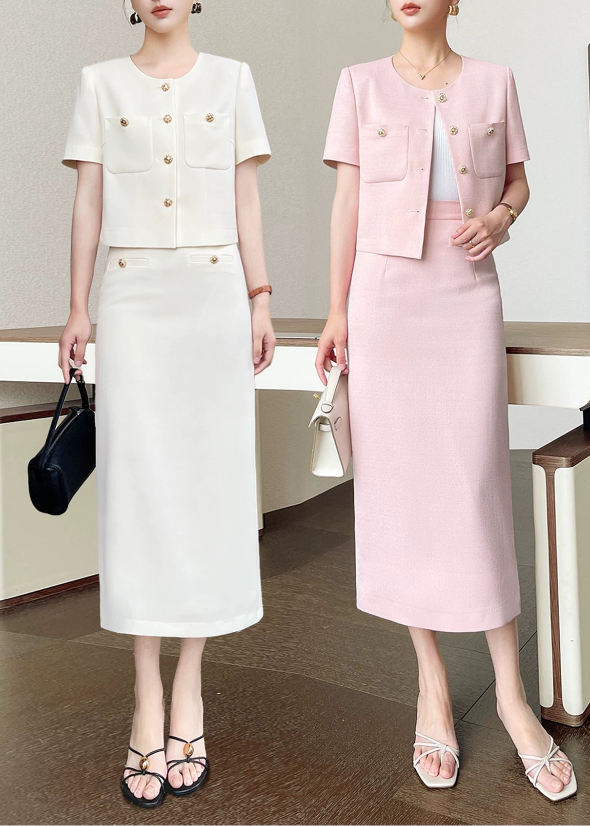 Textured Cropped Jacket & Midi Skirt Set　R137