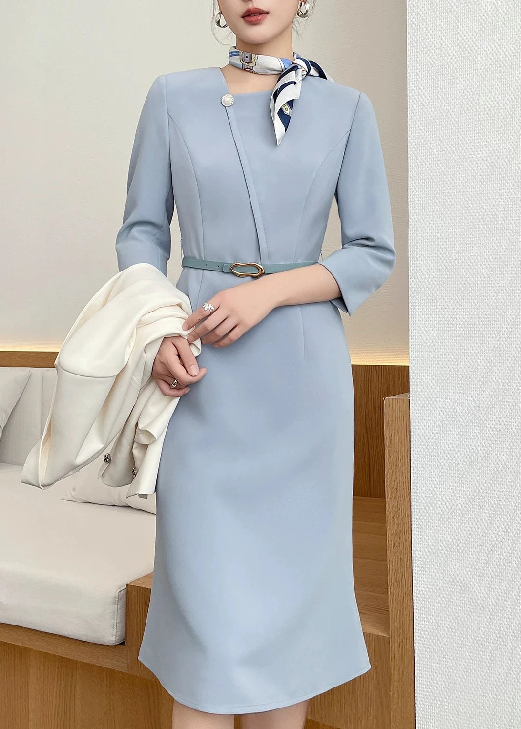 Asymmetry Pearl Accent Midi Dress　R91