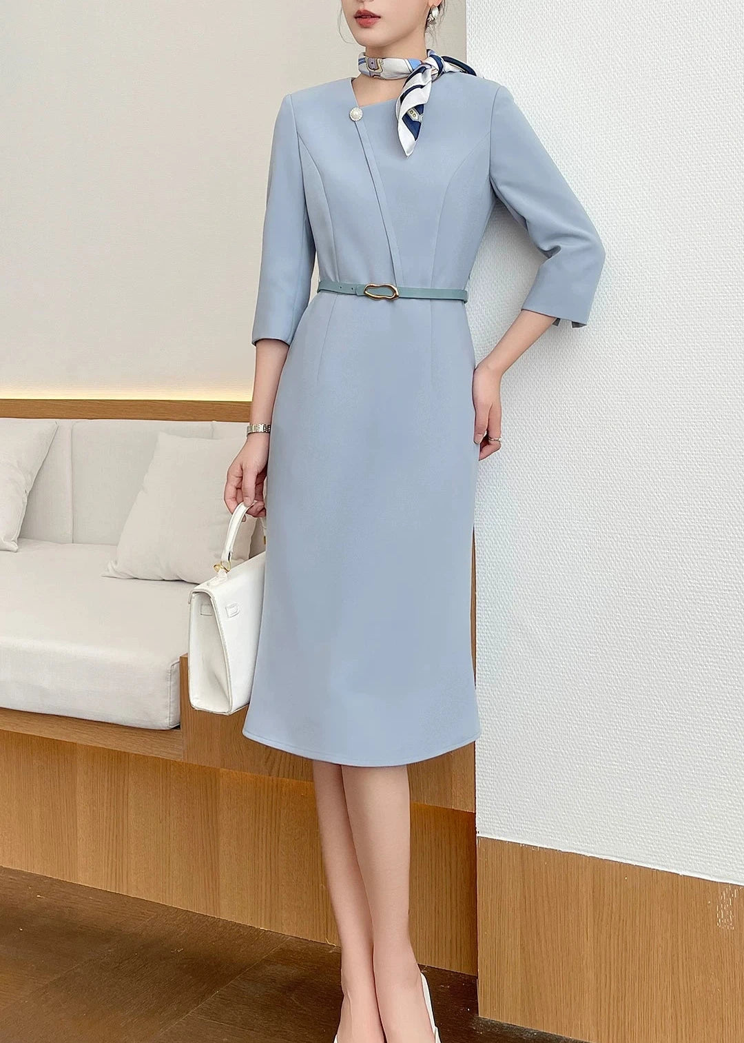 Asymmetry Pearl Accent Midi Dress　R91