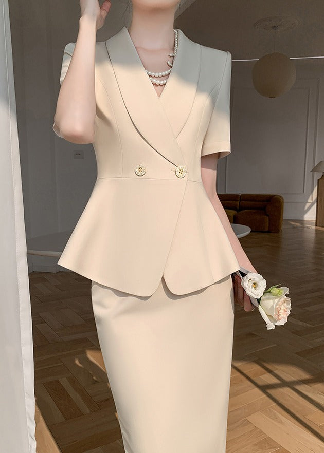 Short Sleeve V-Neck Blazer & Pencil Skirt Set　R114