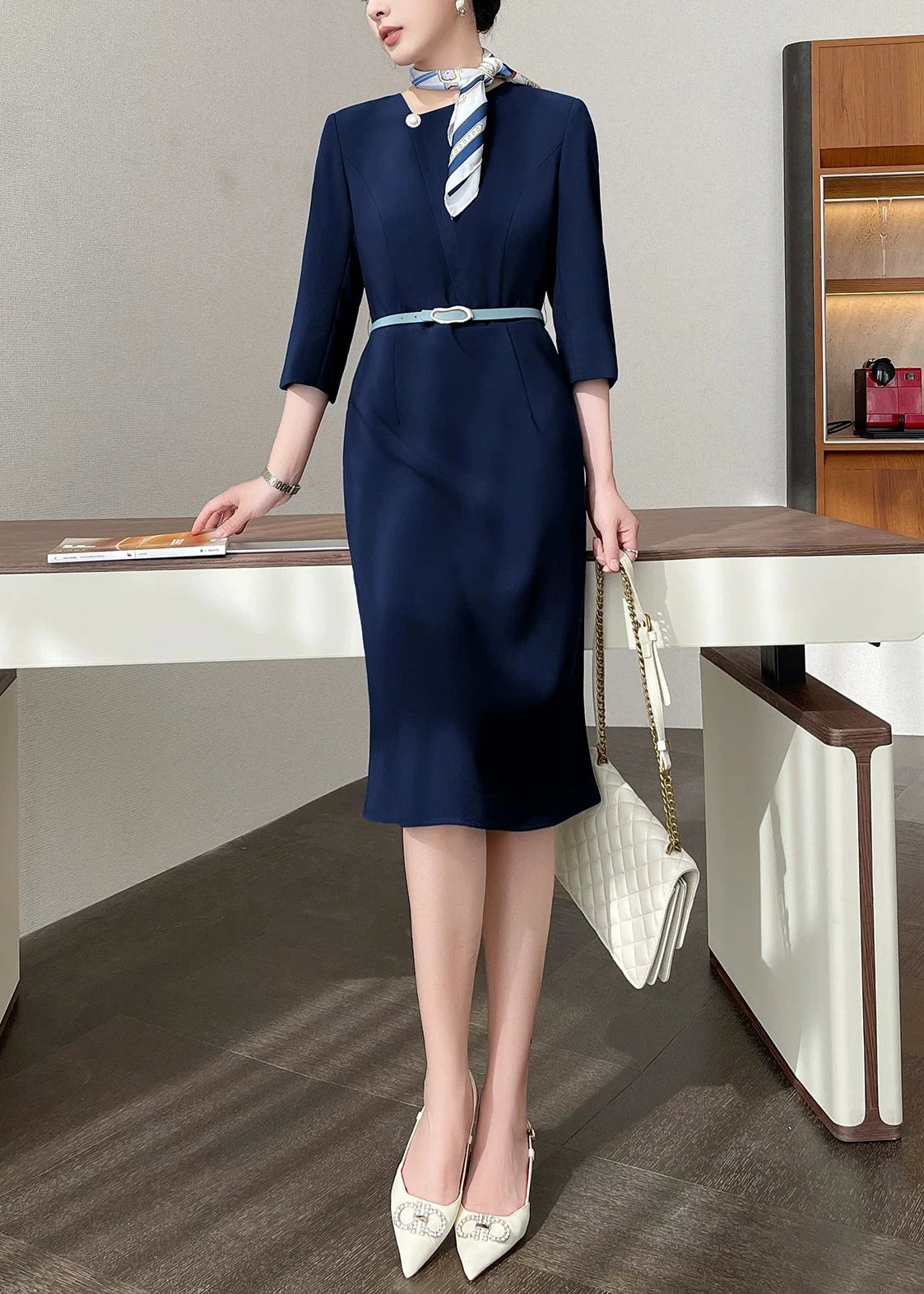 Asymmetry Pearl Accent Midi Dress　R91