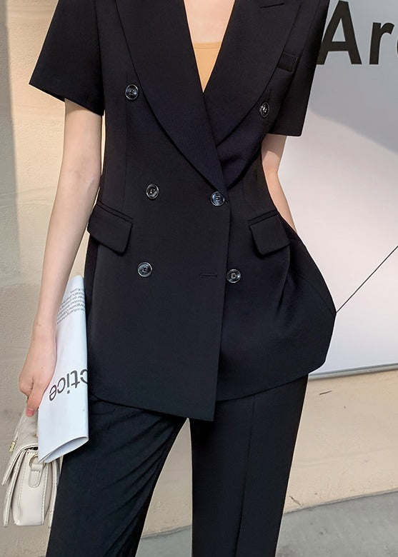 Double-Breasted Short Sleeve Blazer & Wide-Leg Pants Set　R118