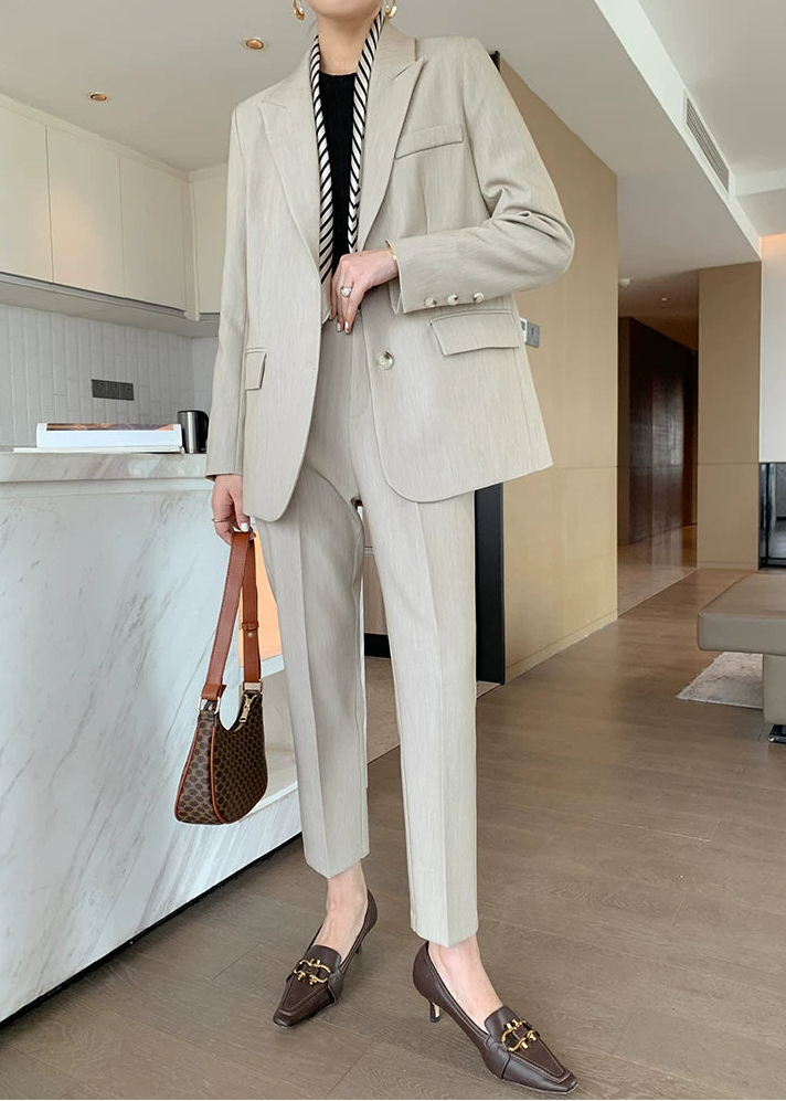 Beige Tailored Jacket & Cropped Straight Pants Suit Set　R103