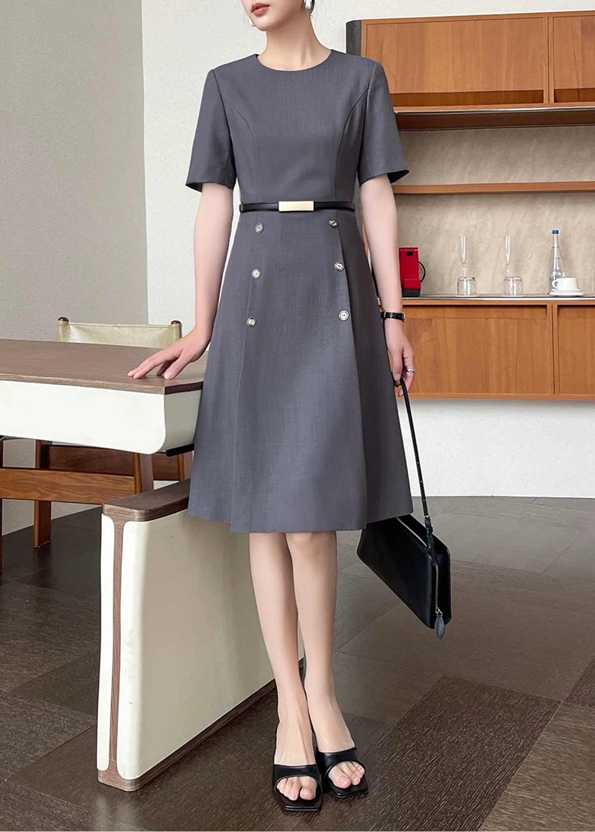 Belted Fit & Flare Midi Dress　R136