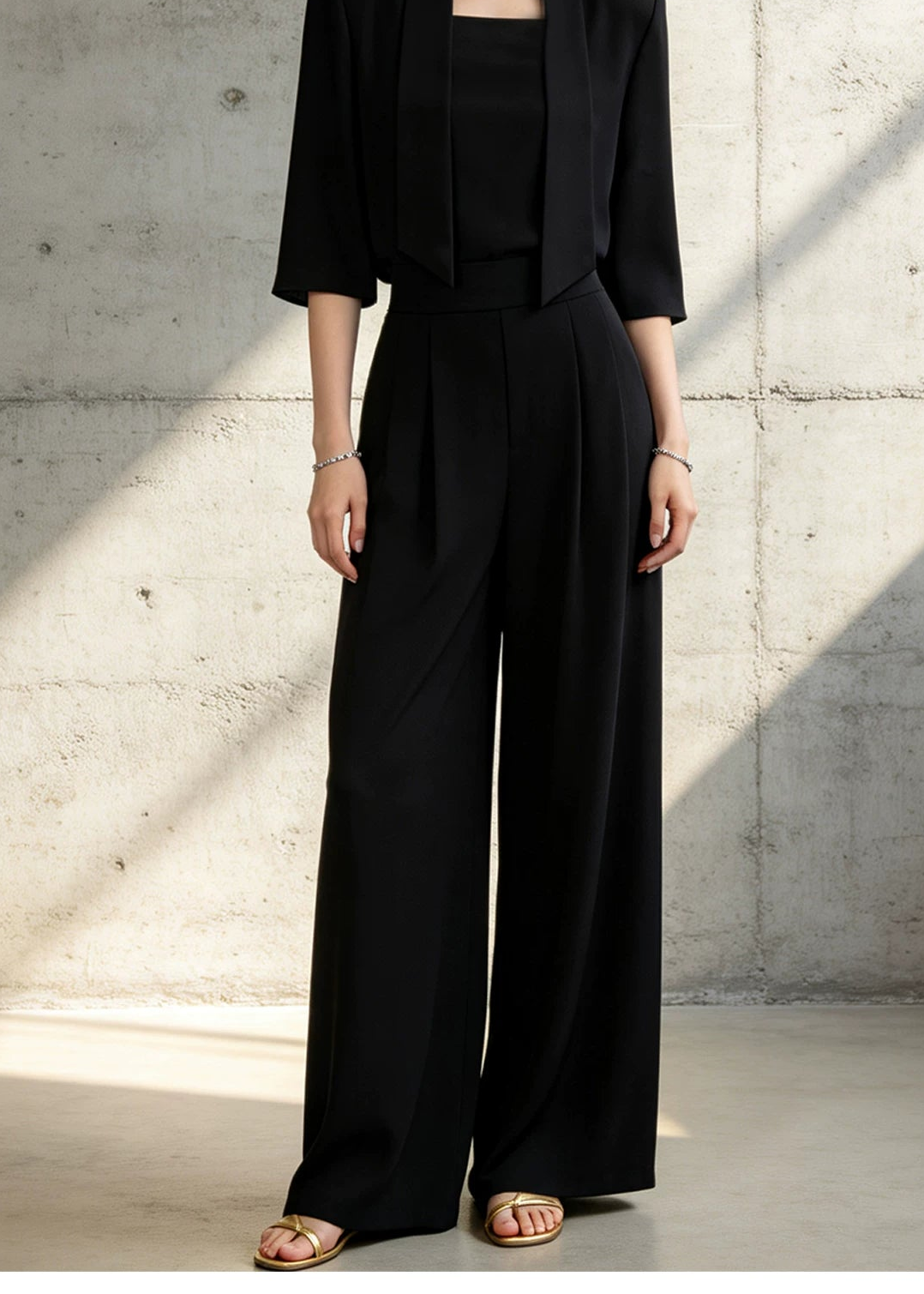 Open-Front Cropped Jacket & Wide-Leg Pants Set　R145