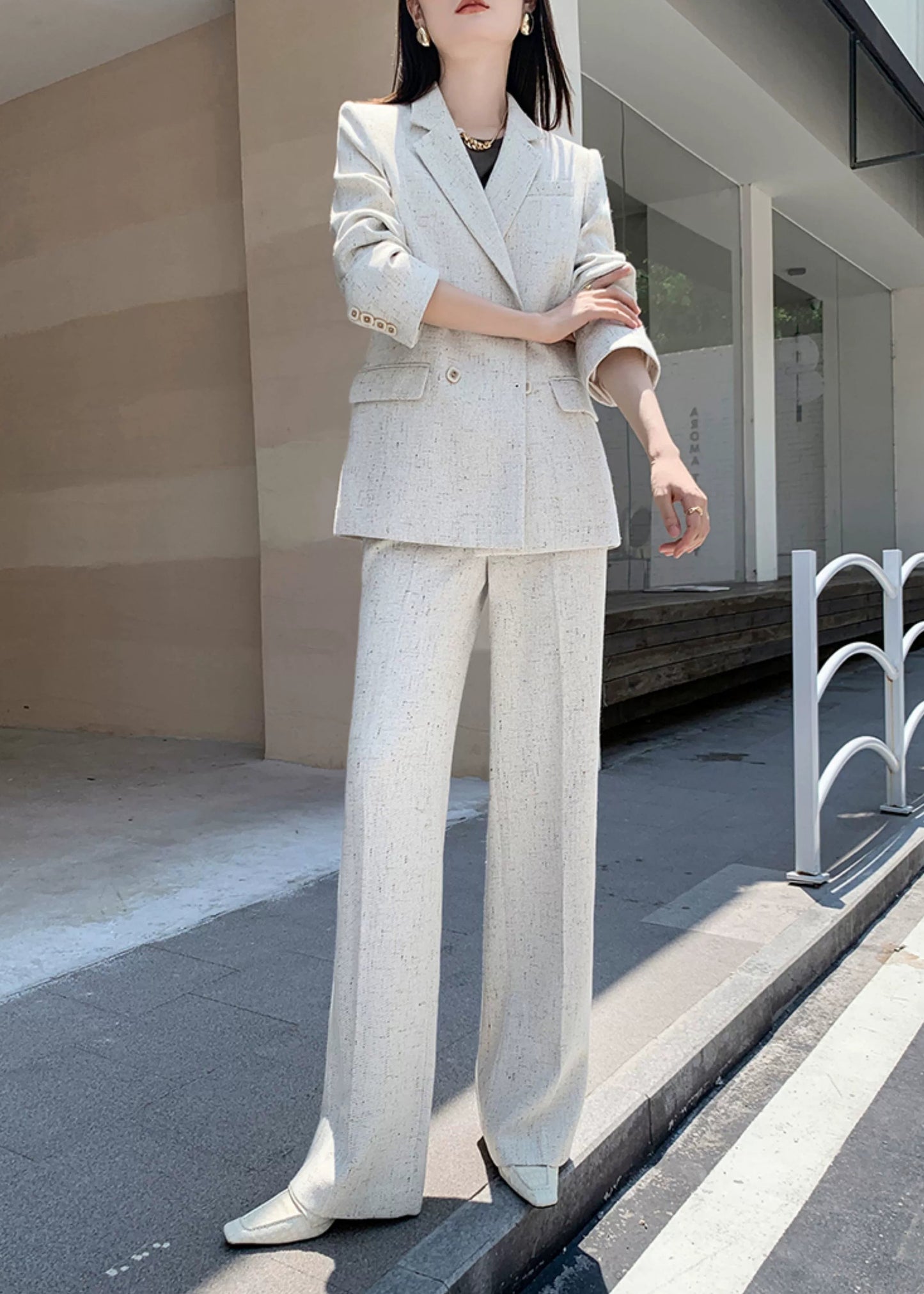 Chic Tweed Wide-Leg Pants Suit　R55