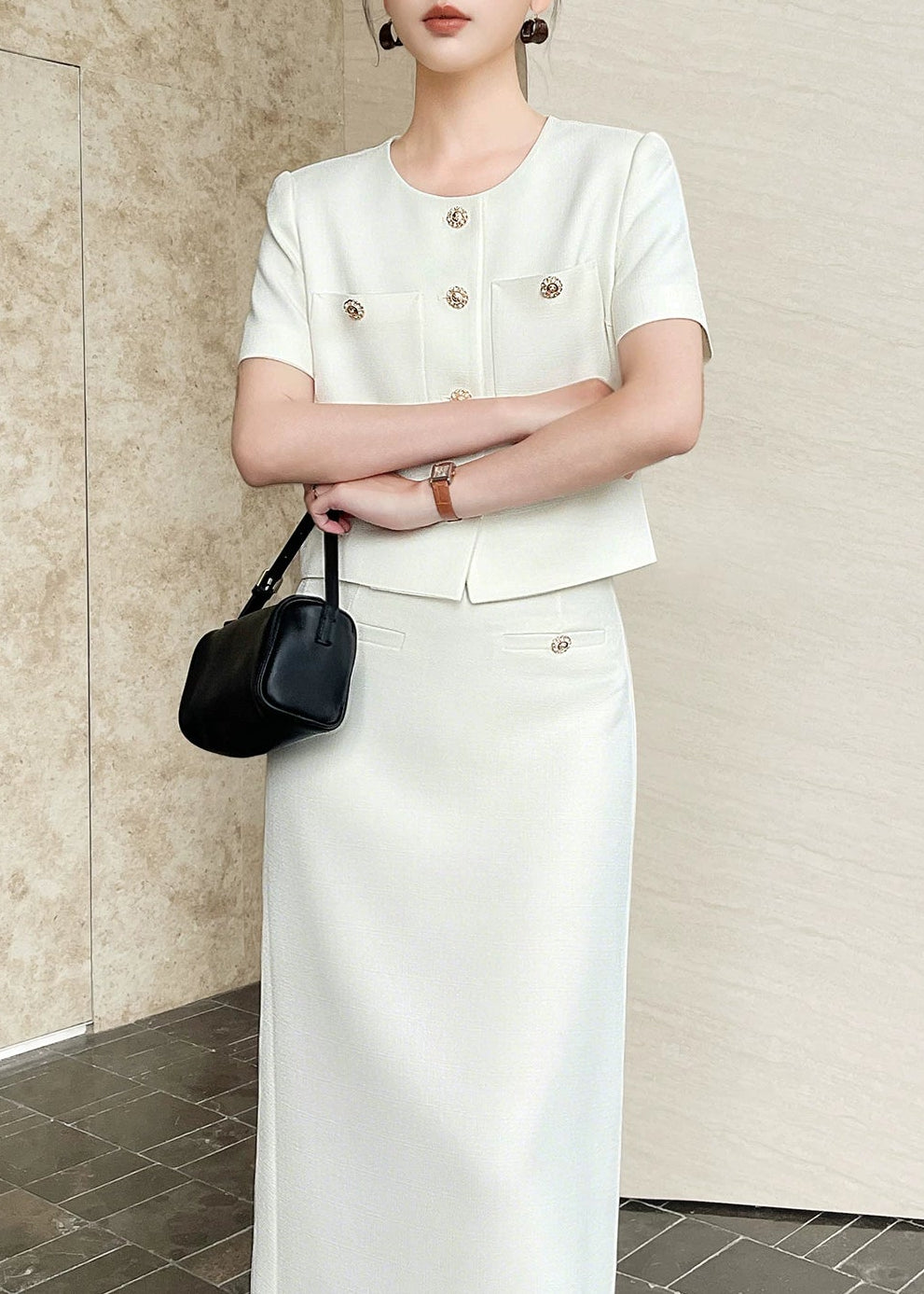 Textured Cropped Jacket & Midi Skirt Set　R137