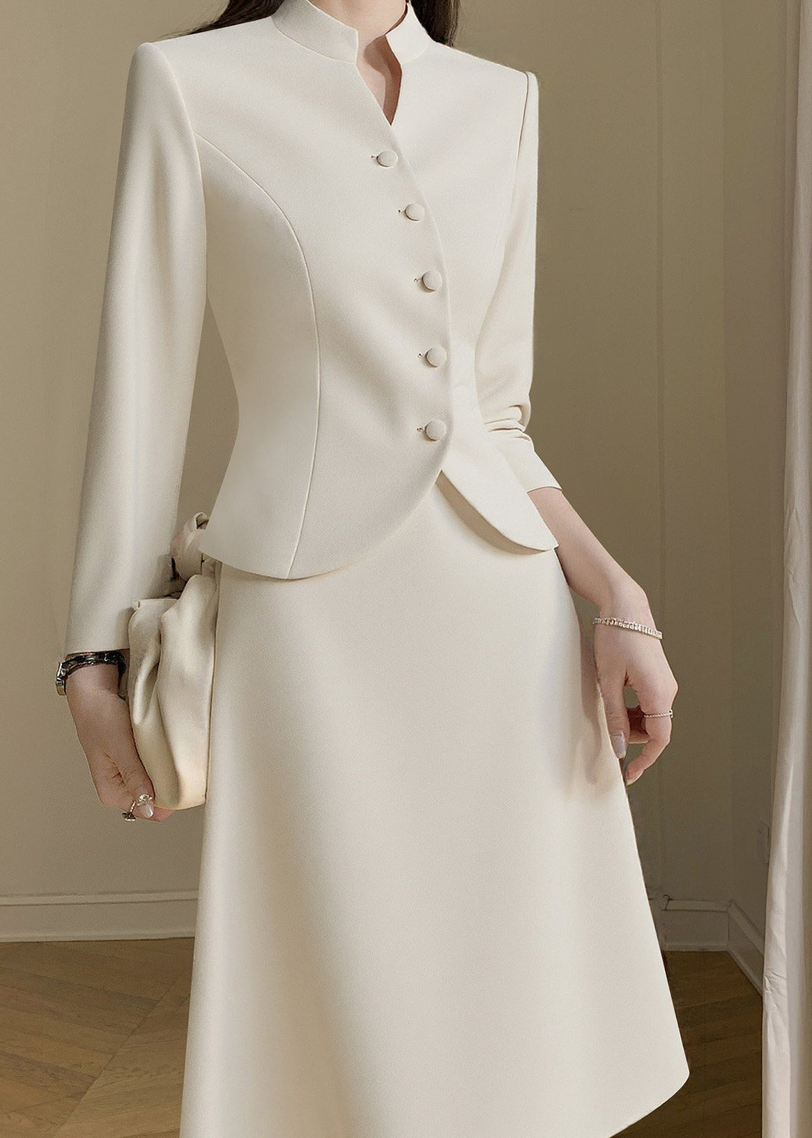 Stand Collar Long Sleeve Blazer & A-Line Skirt Set 　R115