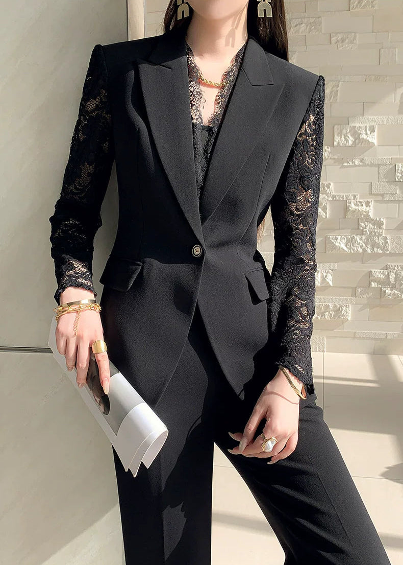 Lace Sleeve Black Tailored Suit Set　R93