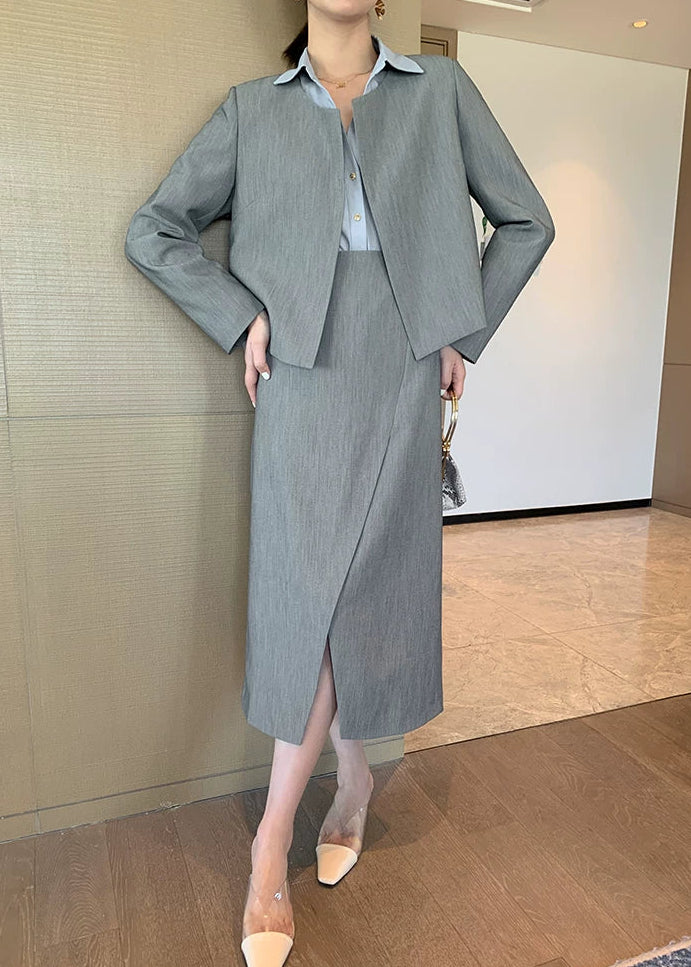 Collarless Jacket & Slit Midi Skirt Suit Set　R102
