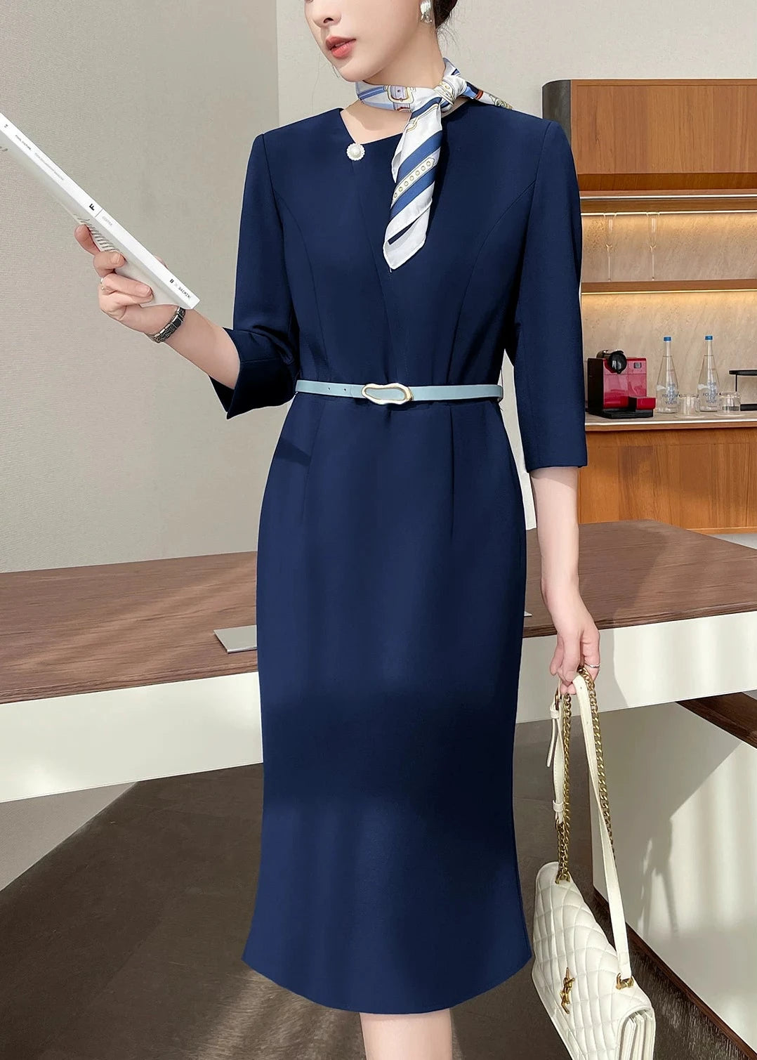Asymmetry Pearl Accent Midi Dress　R91