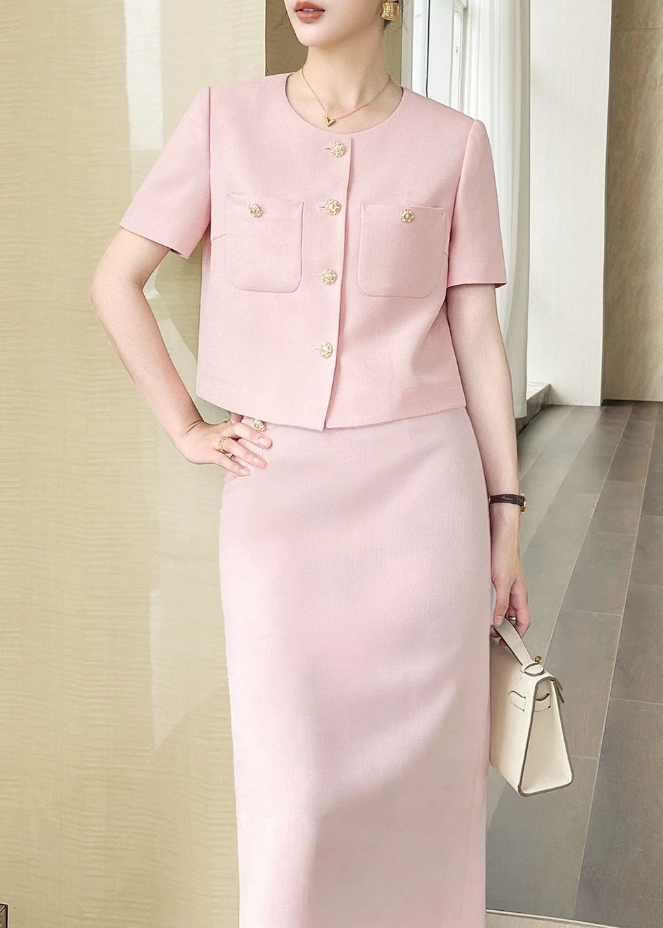 Textured Cropped Jacket & Midi Skirt Set　R137