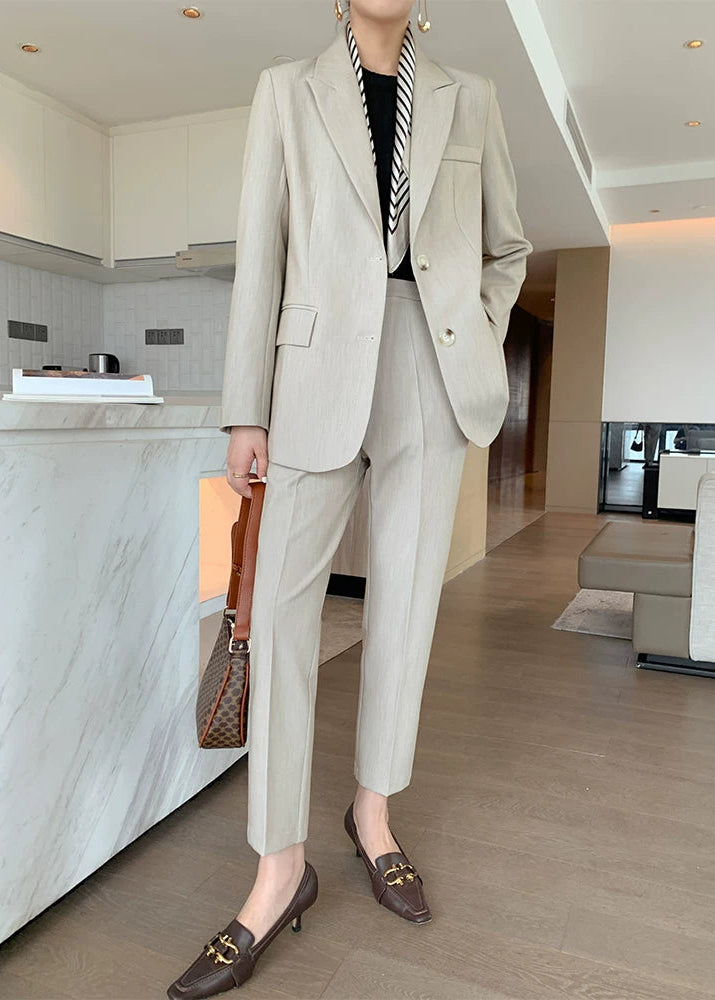 Beige Tailored Jacket & Cropped Straight Pants Suit Set　R103