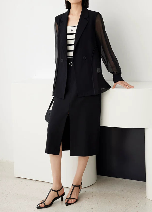 Sheer Sleeve Double-Breasted Blazer　R134