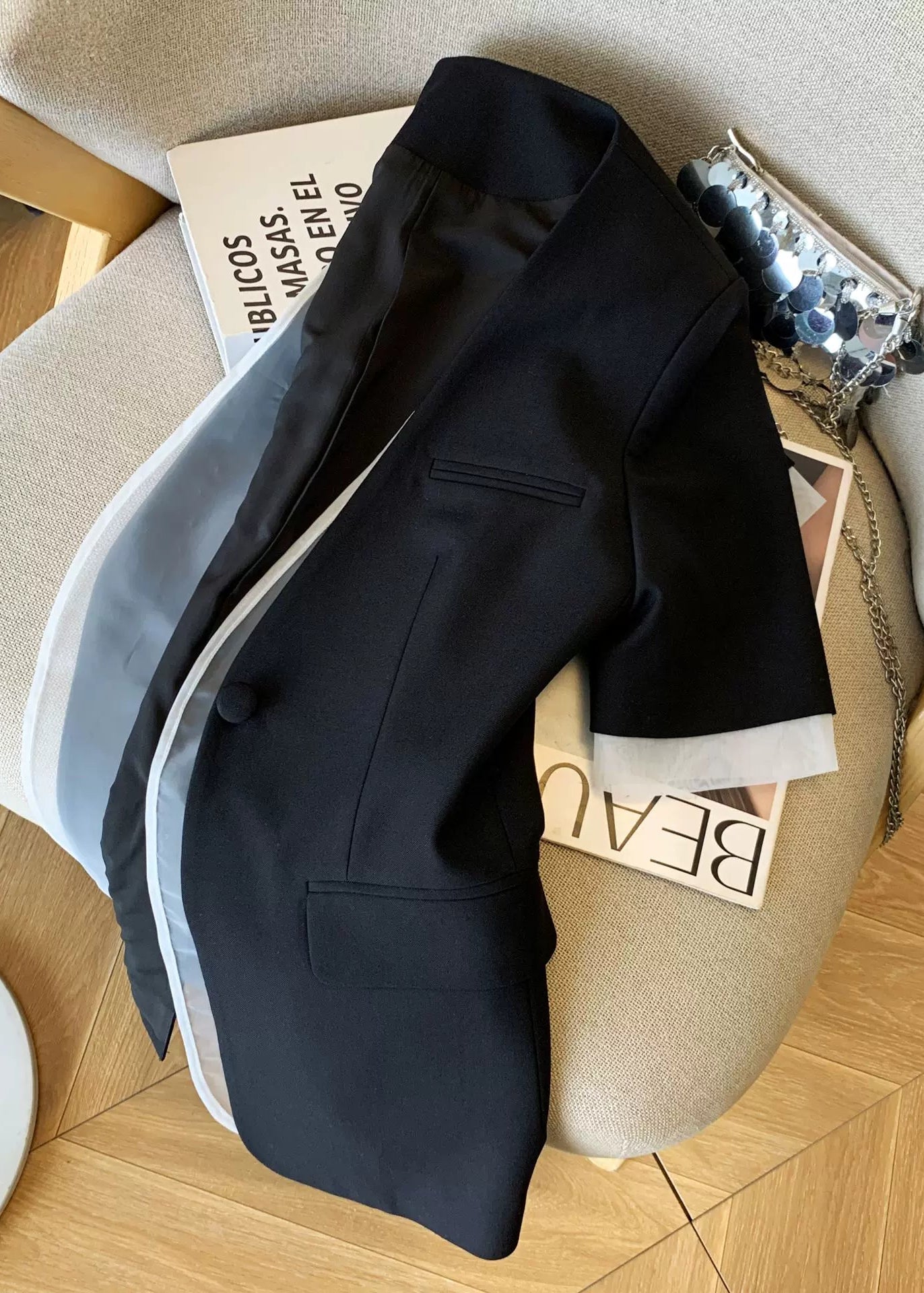 Layered Half Sleeve Collarless Jacket　R133