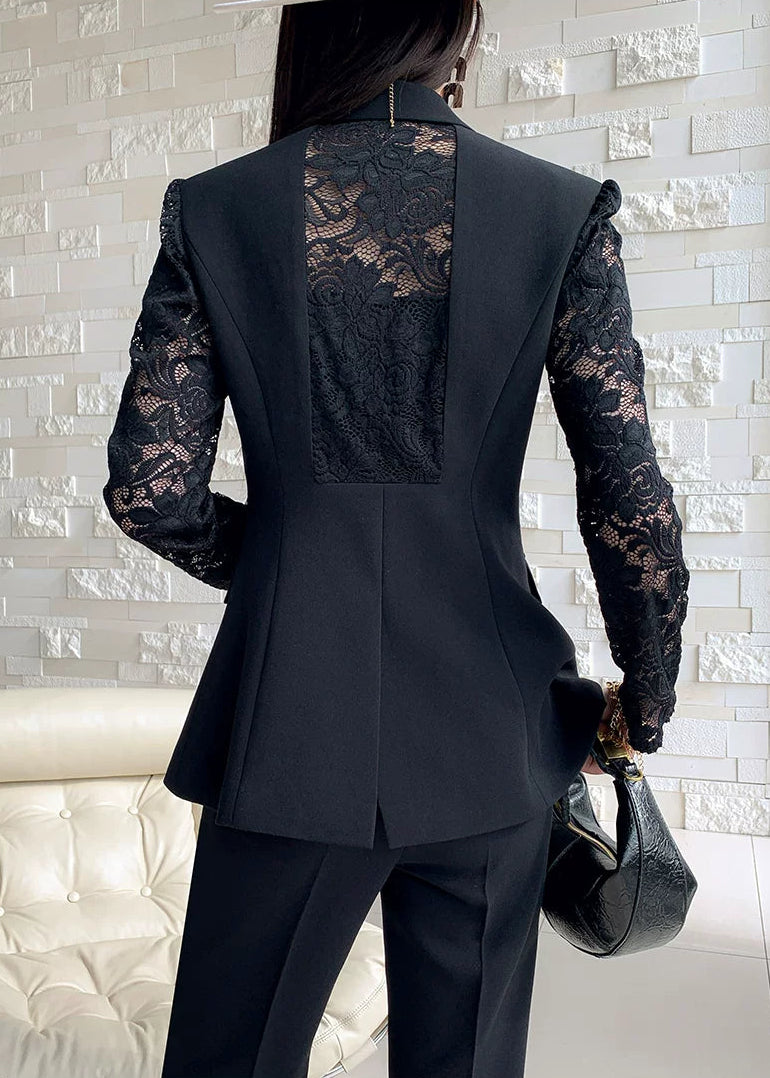 Lace Sleeve Black Tailored Suit Set　R93