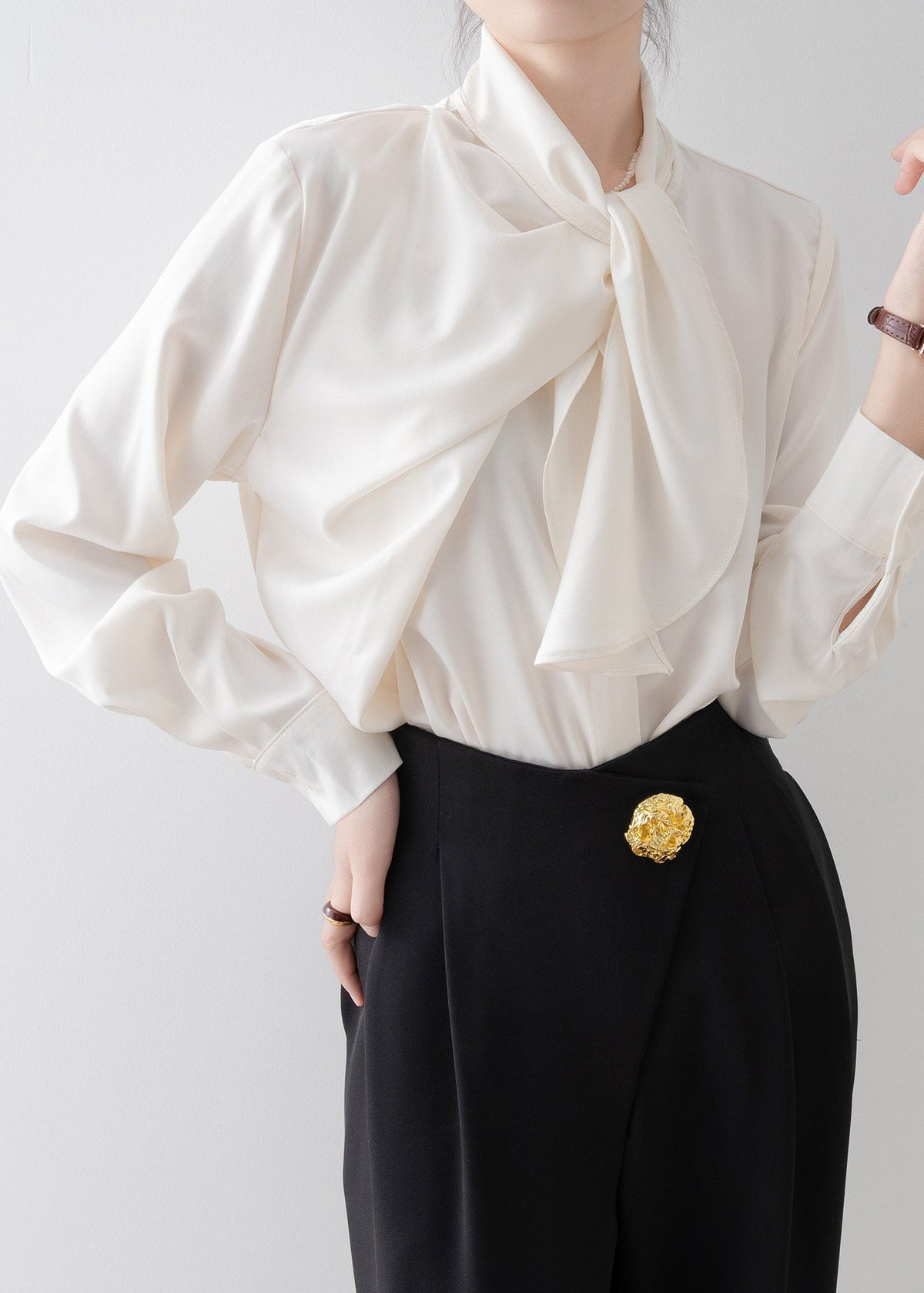 Asymmetric Draped Tie-Neck Blouse　R243