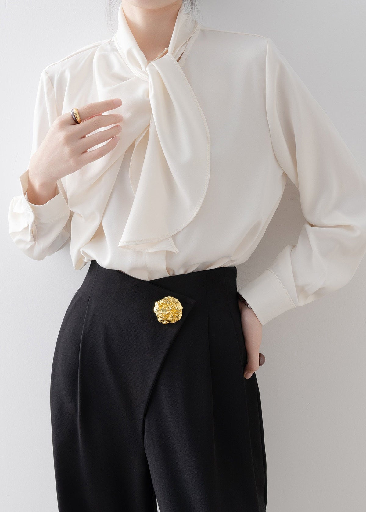 Asymmetric Draped Tie-Neck Blouse　R243