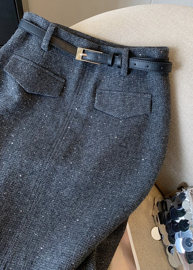 Sequin Tweed Belted Midi Skirt　R172