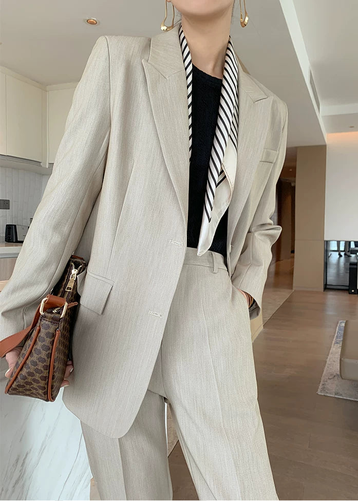 Beige Tailored Jacket & Cropped Straight Pants Suit Set　R103