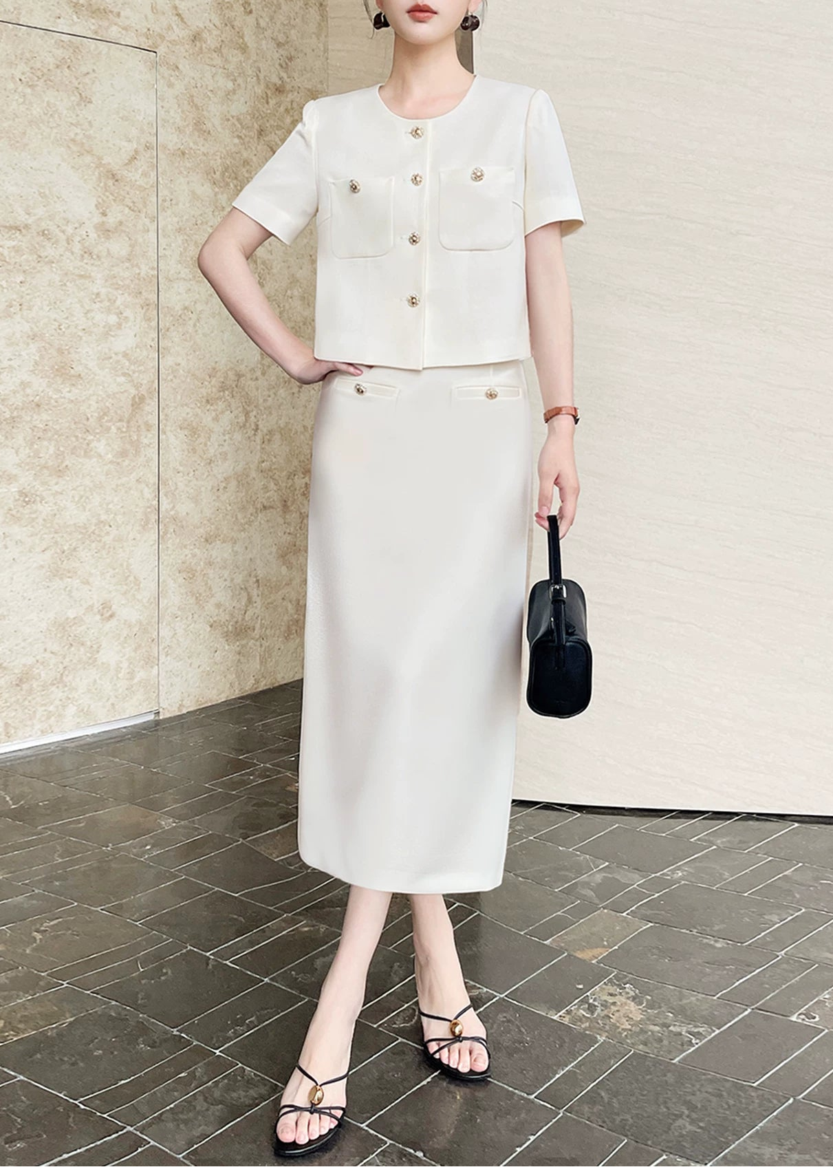 Textured Cropped Jacket & Midi Skirt Set　R137