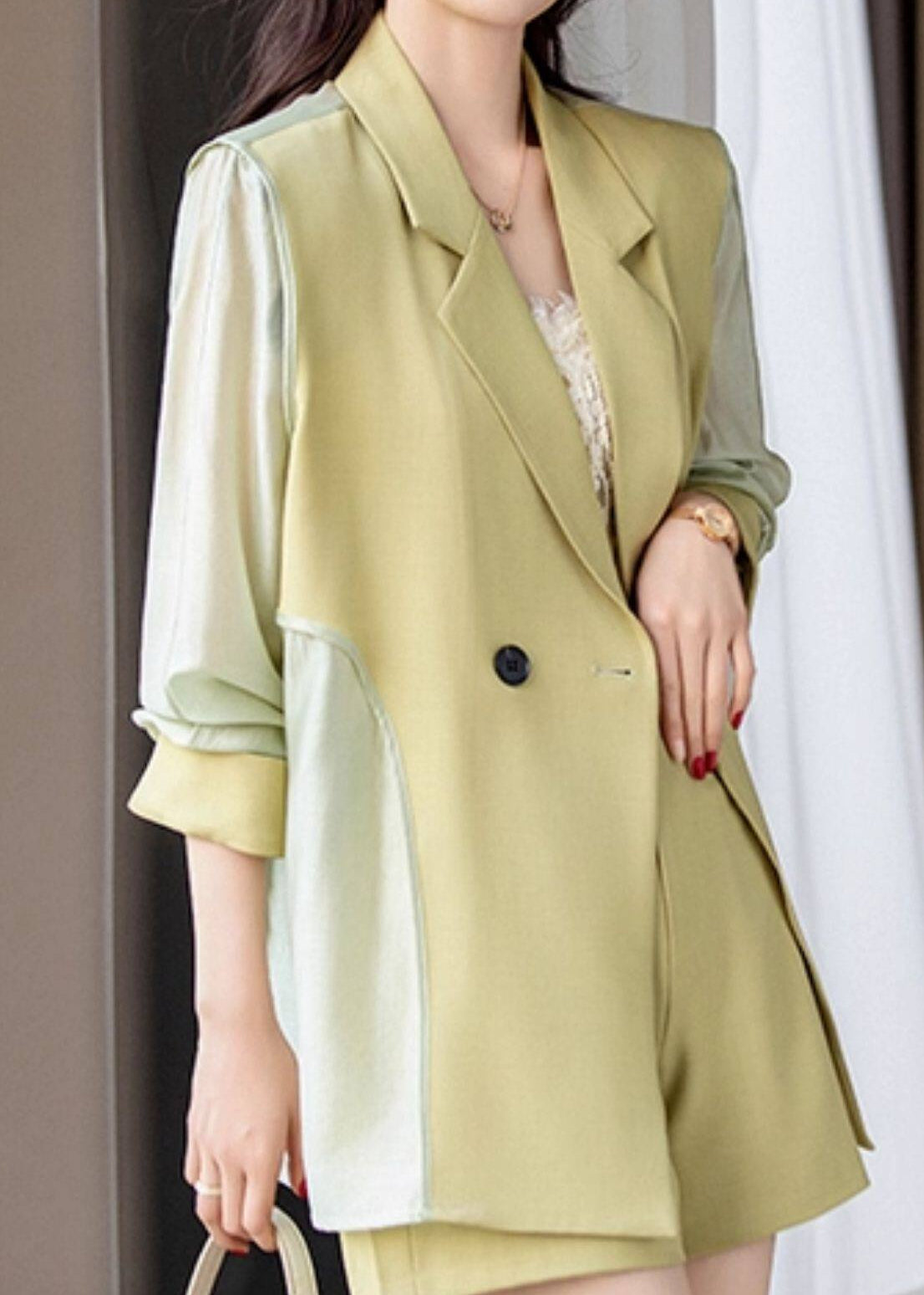 Sheer Sleeve Double-Breasted Blazer　R125