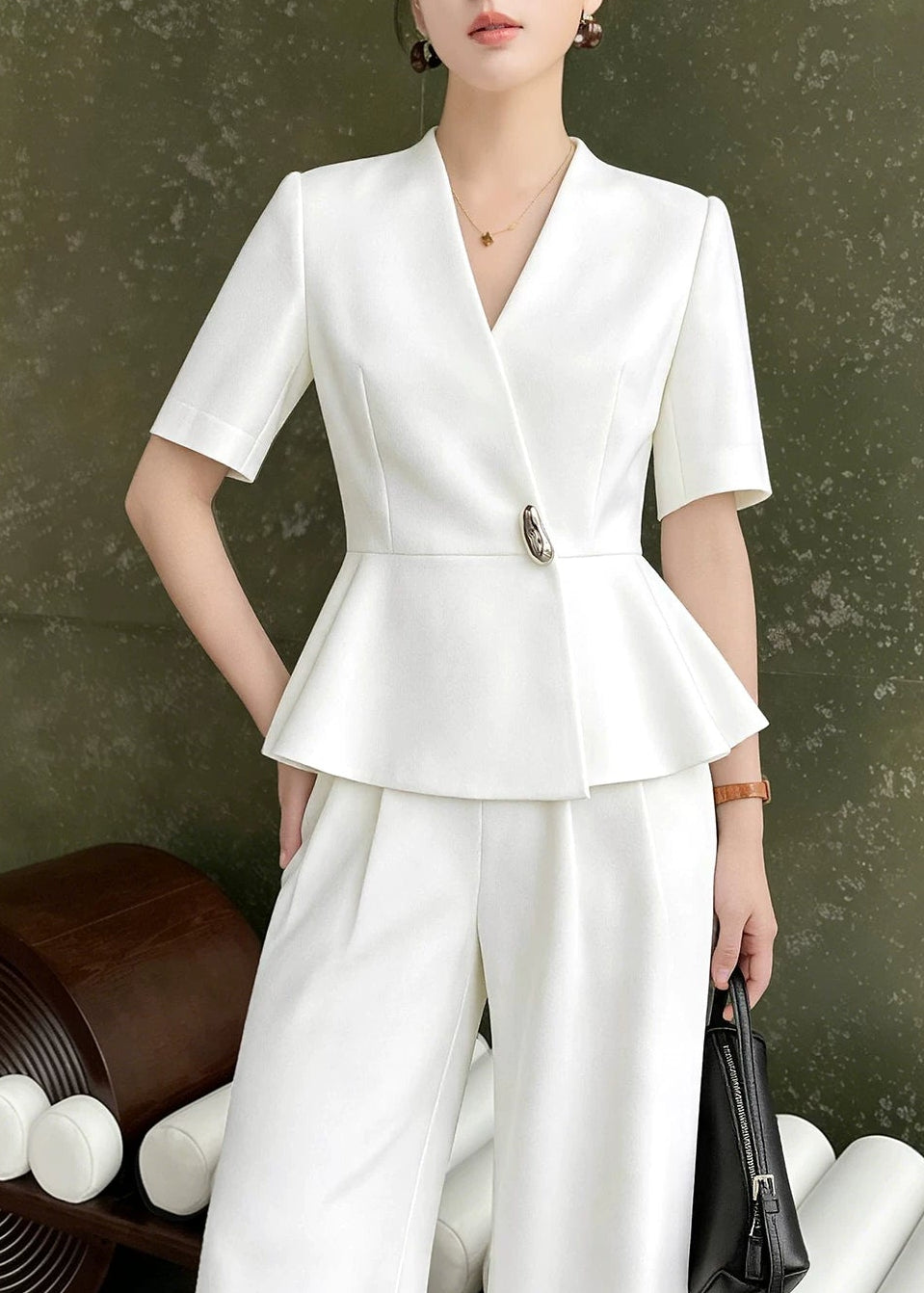 Peplum Wrap Top & Wide-Leg Pants Set　R135