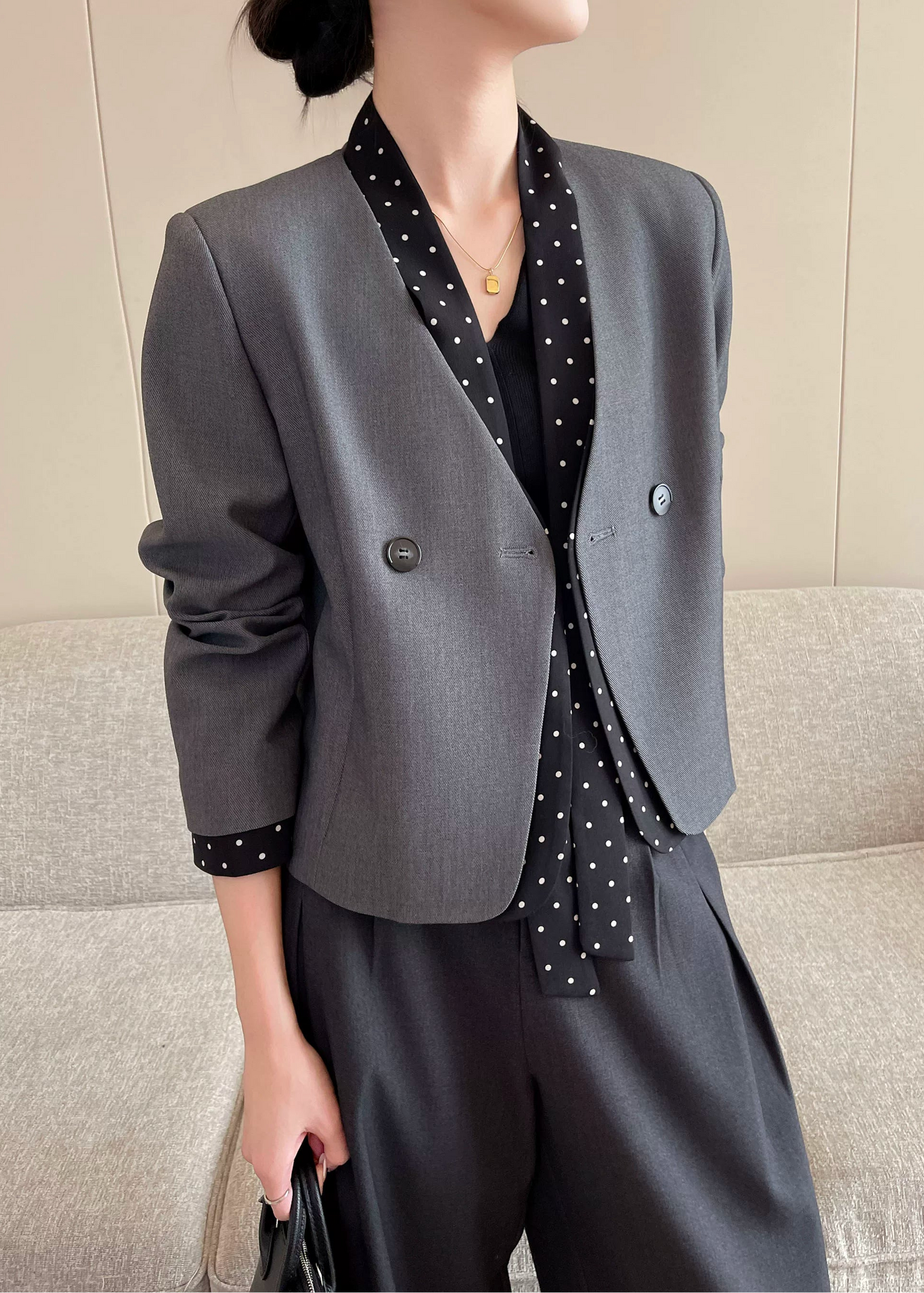 Polka Dot Panel Collarless Jacket　R96