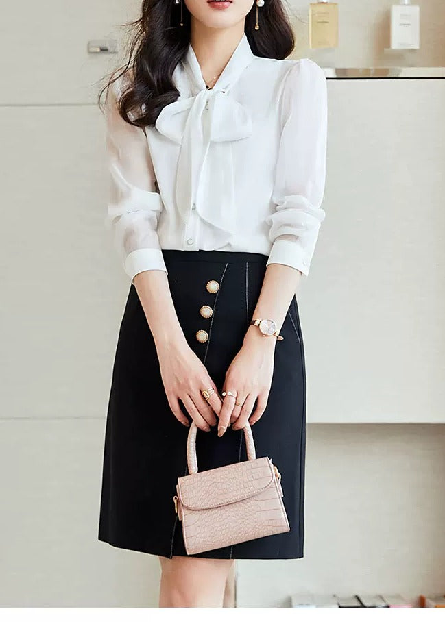 Sheer Sleeve Bow Tie Blouse　R159