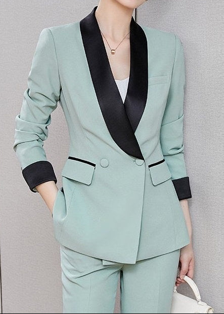 Contrast Shawl Collar Pants Suit　R259